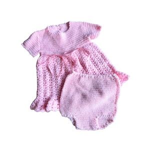 Beautiful Vintage Style Pink Handmade Crochet Baby Girl Outfit Dress
